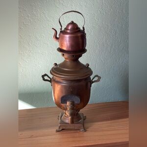 Antique Mini  7 1/8” Working Brass Samovar And Copper Tea Pot